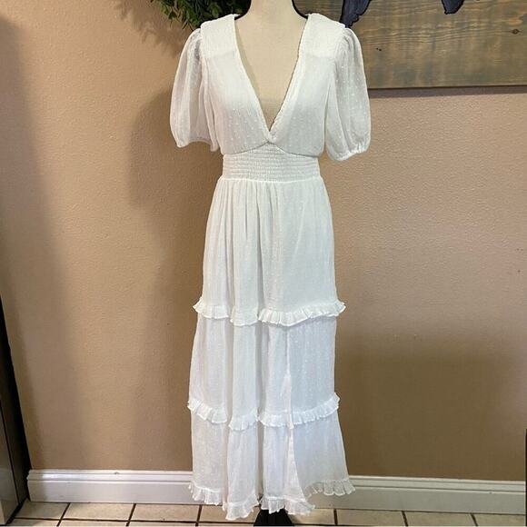 NWOT Lulus Tier to Please White Puff Sleeve Swiss Dot Midi Dress - Picture 2 of 9